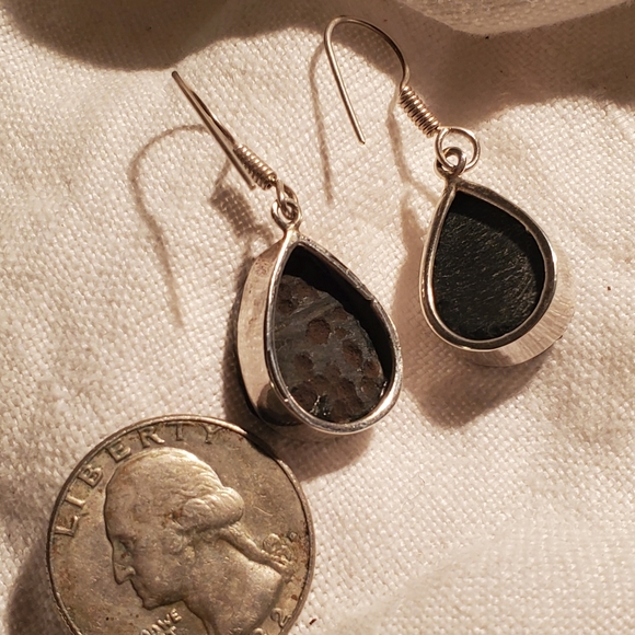 Modern Teardrop Silver and Black Druzy Quartz Earrings 925 - Picture 3 of 7